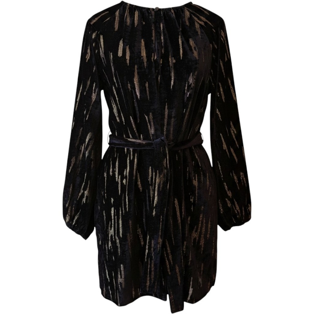EVEREVE Carina Velvet Shift Dress M Black Gold Foil Long Sleeve Belted Glam
